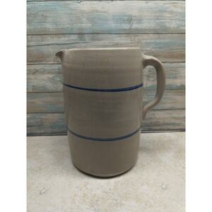 Vintage Stoneware Crock Pitcher, Blue Striped *Cracked*